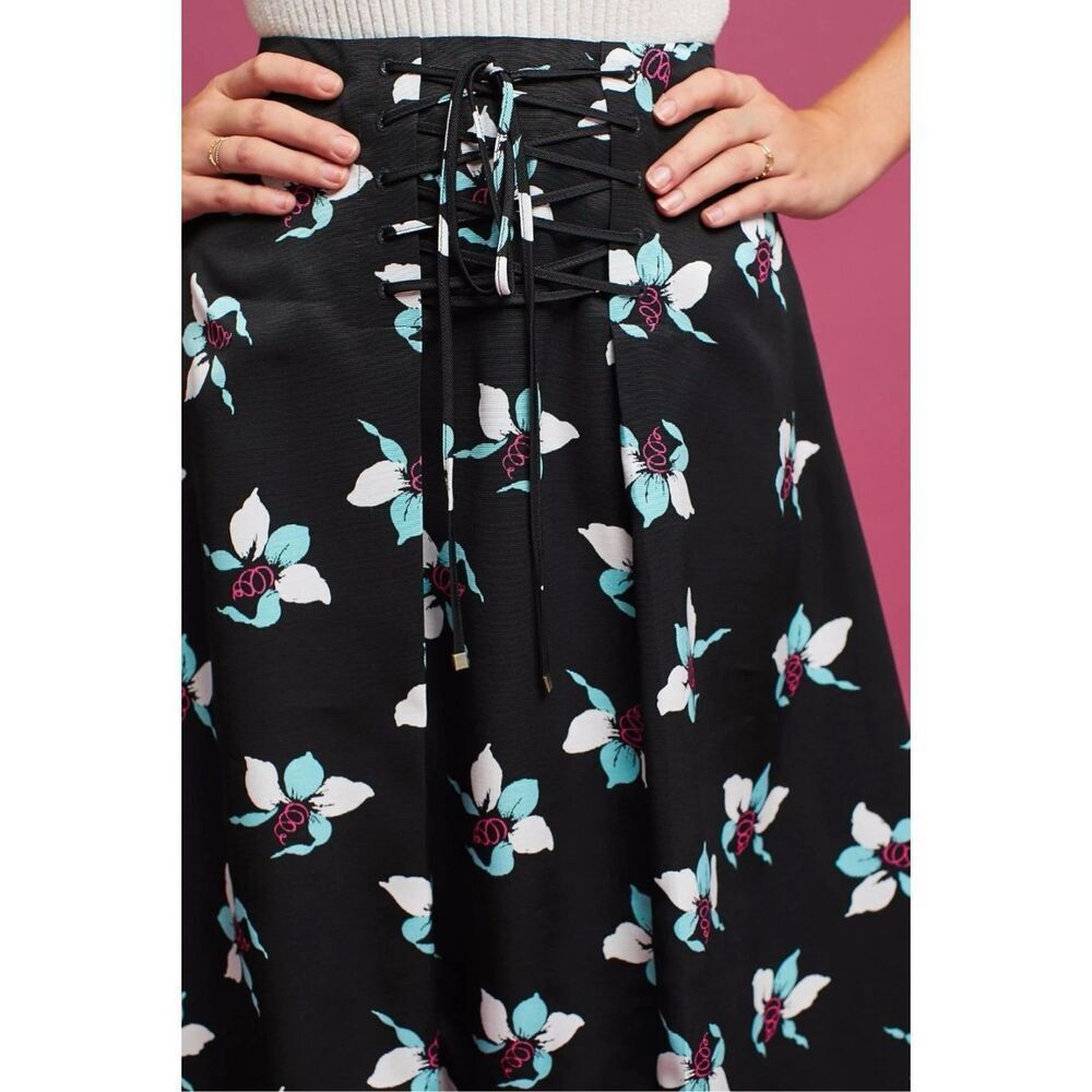 Anthropologie Maeve Zadie Floral Lace-Up Midi Skirt Sz 8 NWT Cottagecore Romanti - Picture 3 of 14